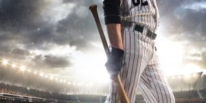 baseball player with stadium lights in background